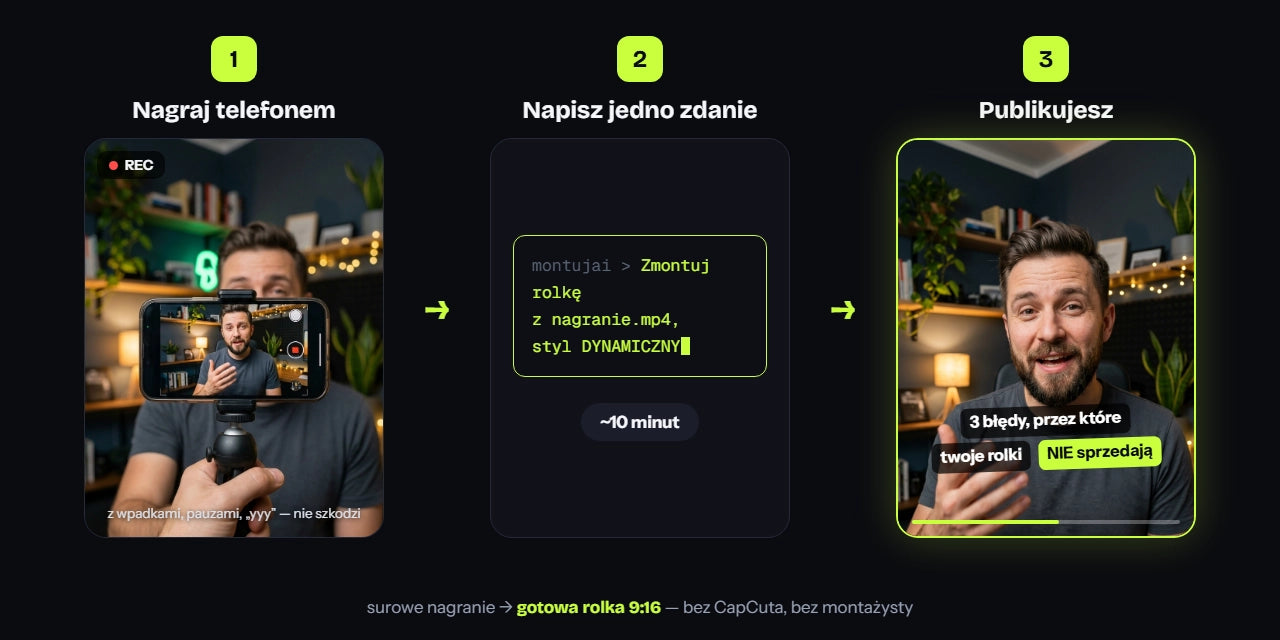 3 kroki: nagrywasz telefonem, piszesz jedno zdanie, publikujesz gotową rolkę